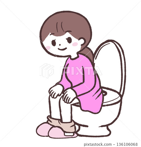 Illustration of a woman sitting on a toilet seat 136106068