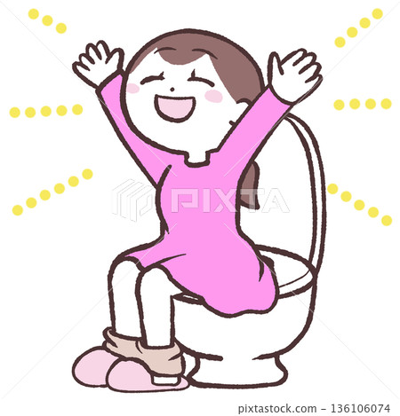 一位快樂的女人坐在馬桶上的插圖 136106074