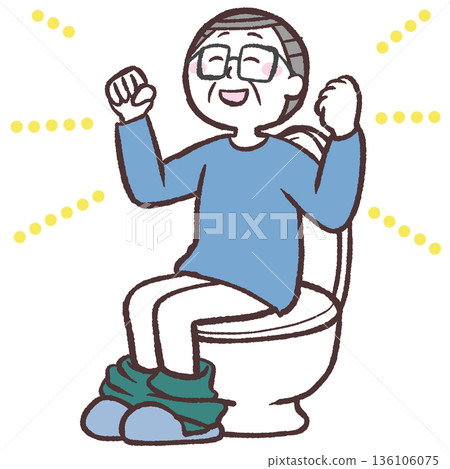 一位老年男子愉快地坐在馬桶上。 136106075