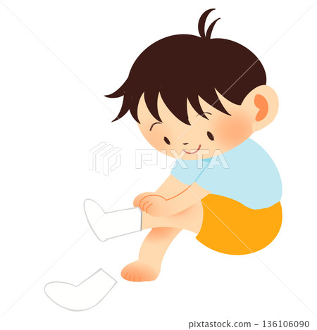 Illustration of a boy's daily habits wearing socks 136106090