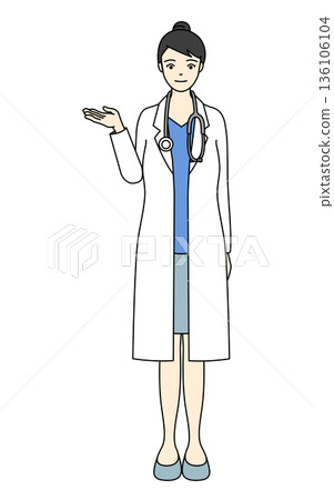 A female doctor wearing a white coat and a stethoscope explaining with her right hand outstretched A female doctor wearing a white coat and a stethoscope explaining with her right hand outstretched 136106104