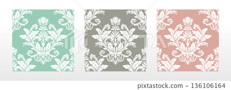 Wallpapers in the style of Baroque.. Set of colored floral ornaments. Seamless vector backgrounds Graphic patterns for fabric, wallpaper, packaging. Ornate Damask flower illustration Wallpapers in the style of Baroque.. Set of colored floral ornaments. Seamless vector backgrounds Graphic patterns for fabric, wallpaper, packaging. Ornate Damask flower illustration 136106164