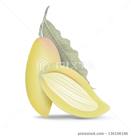 Fresh ripe Barracuda mango and a cross section with leave on white Fresh ripe Barracuda mango and a cross section with leave on white 136106196