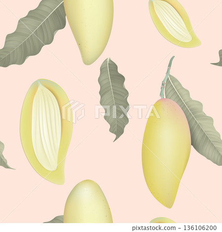 Fruit seamless pattern, pastel ripe Barracuda mangos with green leaves on pink 136106200