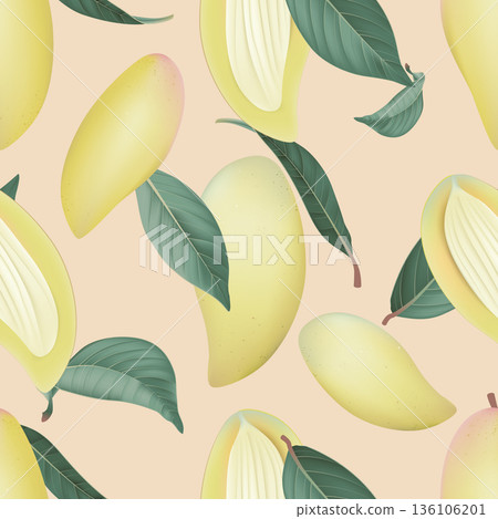 Fruit seamless pattern, pastel ripe Barracuda mangos with green leaves on brown 136106201