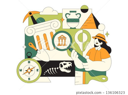 Archaeology Vector Illustration Featuring An Archaeological Excavation Of Ancient Ruins, Historical Artifacts, And Dinosaur Fossils In The Background 136106323