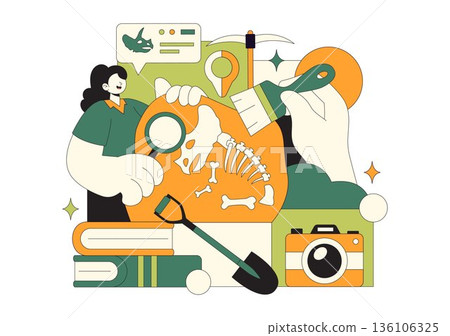 Archaeology Vector Illustration Featuring An Archaeological Excavation Of Ancient Ruins, Historical Artifacts, And Dinosaur Fossils In The Background Archaeology Vector Illustration Featuring An Archaeological Excavation Of Ancient Ruins, Historical Artifacts, And Dinosaur Fossils In The Background 136106325