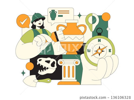 Archaeology Vector Illustration Featuring An Archaeological Excavation Of Ancient Ruins, Historical Artifacts, And Dinosaur Fossils In The Background 136106328