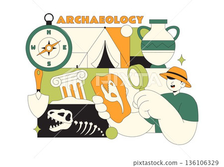 Archaeology Vector Illustration Featuring An Archaeological Excavation Of Ancient Ruins, Historical Artifacts, And Dinosaur Fossils In The Background Archaeology Vector Illustration Featuring An Archaeological Excavation Of Ancient Ruins, Historical Artifacts, And Dinosaur Fossils In The Background 136106329
