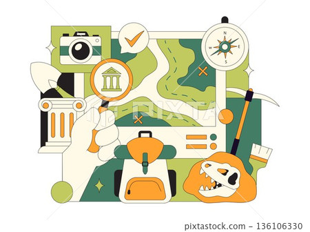 Archaeology Vector Illustration Featuring An Archaeological Excavation Of Ancient Ruins, Historical Artifacts, And Dinosaur Fossils In The Background 136106330