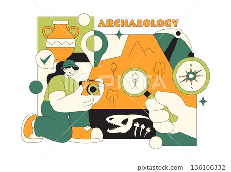 Archaeology Vector Illustration Featuring An Archaeological Excavation Of Ancient Ruins, Historical Artifacts, And Dinosaur Fossils In The Background Archaeology Vector Illustration Featuring An Archaeological Excavation Of Ancient Ruins, Historical Artifacts, And Dinosaur Fossils In The Background 136106332