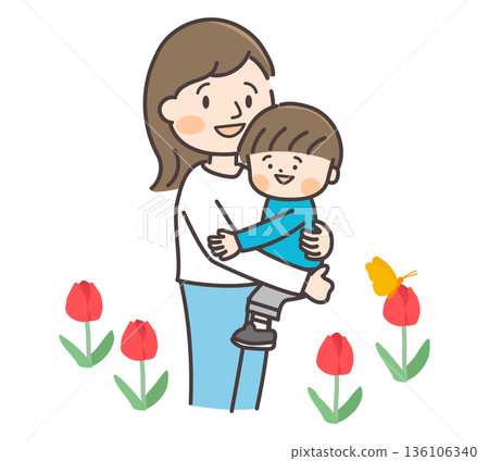 Spring tulips and a mother holding her son 136106340