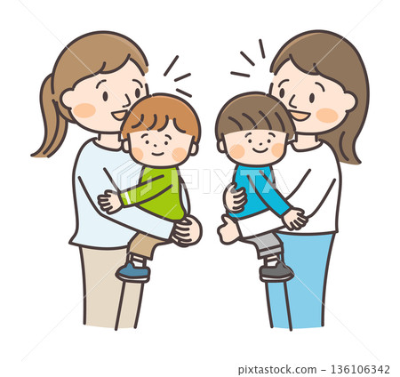 Mom friends holding their children and chatting Mom friends holding their children and chatting 136106342