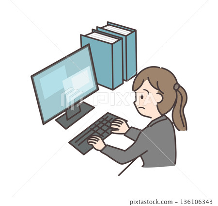 Profile of a woman in a suit working on a PC 136106343