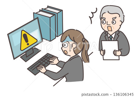 下屬看到電腦上的警告訊息後臉色煞白,而他的老闆則感到驚訝。 下屬看到電腦上的警告訊息後臉色煞白,而他的老闆則感到驚訝。 136106345