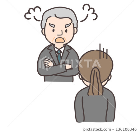 The back view of a subordinate being scolded by his boss The back view of a subordinate being scolded by his boss 136106346