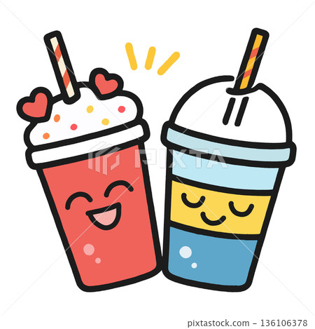 Cute cartoon drink cups with happy faces, one with whipped cream and hearts, joyful friendship 136106378