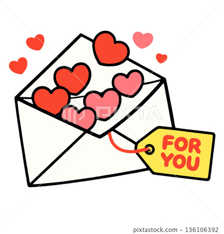 Open envelope with red and pink hearts, yellow tag for you, romantic and cheerful 136106392