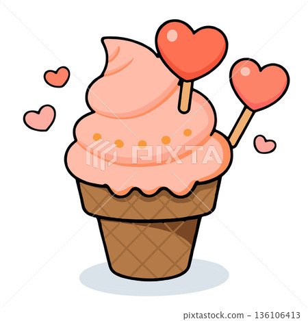Strawberry ice cream cone with heart shaped candy, cute and sweet dessert illustration 136106413