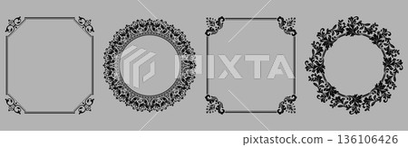 Set of decorative frames Elegant vector element for design in Eastern style, place for text. Floral black and gray frames. Lace illustration for invitations and greeting cards 136106426