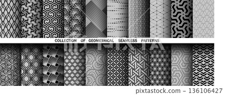 Geometric set of seamless black and gray patterns. Simple vector graphics 136106427