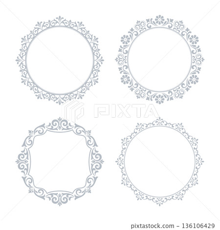 Set of decorative frames Elegant vector element for design in Eastern style, place for text. Floral gray and white frames. Lace illustration for invitations and greeting cards Set of decorative frames Elegant vector element for design in Eastern style, place for text. Floral gray and white frames. Lace illustration for invitations and greeting cards 136106429
