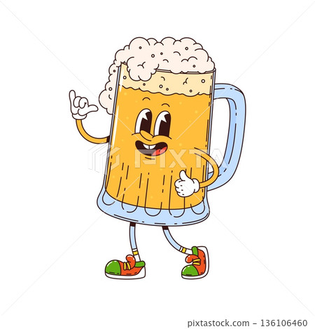 Groovy funky beer mug character full of frothy brew in red sneakers. Retro vector mascot for drink menus, bar decor and promotions, beverage branding, or fun party designs Groovy funky beer mug character full of frothy brew in red sneakers. Retro vector mascot for drink menus, bar decor and promotions, beverage branding, or fun party designs 136106460