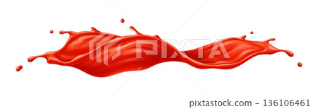 Tomato juice drink and ketchup sauce wave splashes. Dynamic vector realistic juicy flow and ketchup splatters for branding, spicy sauce labels, beverage promotions, or barbecue product advertisements 136106461