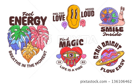 Groovy hippie characters stickers or t shirt prints with motivational phrases. Psychedelic drippy heart, cosmic planet, rainbow monstera leaves, trippy snail and surreal face with retro whimsical vibe Groovy hippie characters stickers or t shirt prints with motivational phrases. Psychedelic drippy heart, cosmic planet, rainbow monstera leaves, trippy snail and surreal face with retro whimsical vibe 136106462