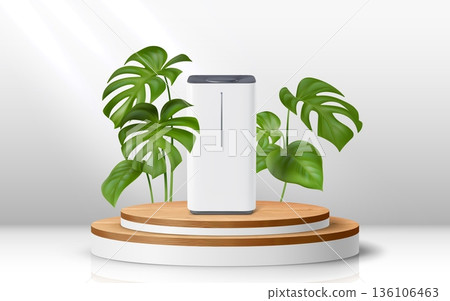 Air purifier on podium stage with green leaves. Modern humidifier displayed on a wooden circular platform with tropical monstera leaves on background. Clean, minimal and eco friendly product showcase Air purifier on podium stage with green leaves. Modern humidifier displayed on a wooden circular platform with tropical monstera leaves on background. Clean, minimal and eco friendly product showcase 136106463