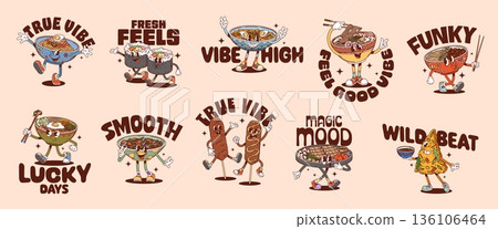 Korean cuisine funny y2k groovy stickers with cartoon asian food characters. Funny noodle soup and rice dish retro y2k vector personage stickers of hippie groovy ramen, corn dog, kimbap sushi rolls 136106464