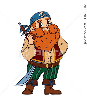 Redhead corsair pirate cartoon adorable character. Corsair captain cheerful mascot, pirate sailor gunner vector personage with big red beard and mustaches, standing with flintlock pistol in hand 136106465