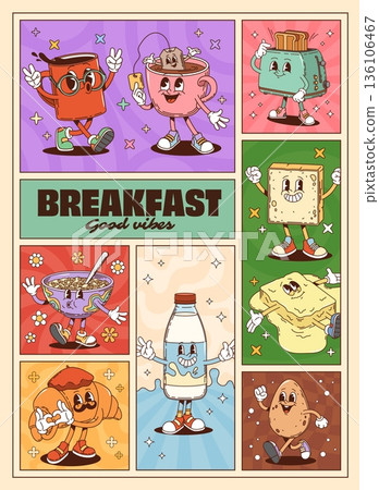 Funky breakfast groovy characters collage poster. Cartoon vector smiling hippie morning food personages as coffee mug, tea cup, toast, cereal and milk, butter, croissant and egg retro funky y2k meals 136106467
