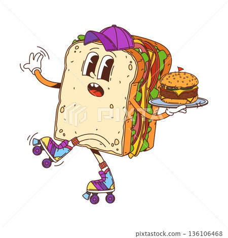 Cartoon groovy hippie sandwich character on roller skates carrying a burger on a tray. Retro y2k funky fast food waiter personage with cute face and modern cap exudes playful and cheerful vintage vibe Cartoon groovy hippie sandwich character on roller skates carrying a burger on a tray. Retro y2k funky fast food waiter personage with cute face and modern cap exudes playful and cheerful vintage vibe 136106468