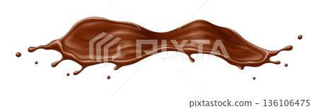 Chocolate milk cream or drink wave splash, brown choco and cocoa flow. Realistic 3d vector splatter of cocoa dessert. Brown coffee stream with splatters and drops, liquid splash with dynamic droplets 136106475
