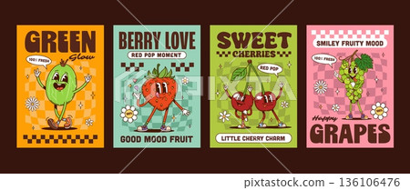 Ripe berries groovy hippie characters posters with cartoon smiling strawberry, cherry, grape and gooseberry fruits. Vector retro cards with funny sweet food y2k personages and happy typography slogans Ripe berries groovy hippie characters posters with cartoon smiling strawberry, cherry, grape and gooseberry fruits. Vector retro cards with funny sweet food y2k personages and happy typography slogans 136106476
