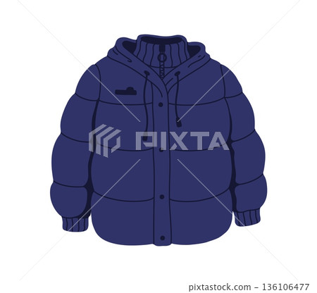 Winter wardrobe blue puffer jacket, cold season outfit accessory. Winter cold weather apparel outfit isolated sticker, autumn or spring wardrobe clothes vector element. Warm garment item or accessory Winter wardrobe blue puffer jacket, cold season outfit accessory. Winter cold weather apparel outfit isolated sticker, autumn or spring wardrobe clothes vector element. Warm garment item or accessory 136106477