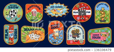 Movie cinema characters hippie groovy label stickers and y2k patches of cartoon cute ticket, 3d glasses, popcorn and soda. Vector retro groovy movie film reel, vintage camera and clapperboard stickers 136106479