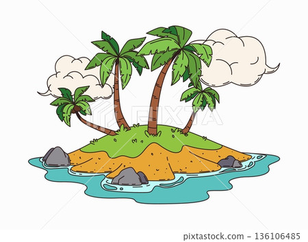 Pirate island cartoon shore and palm trees, treasure map detail. Corsair island environment asset, piracy nautical adventure vector world object. Treasure map element with three palms on small island 136106485