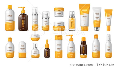 3d cosmetic product bottles mockup. Shampoo, shower gel, cleansing gel, face or body cream tube, perfume spray, skincare, toner, hair balm and conditioner, serum with dropper cosmetics product package 136106486