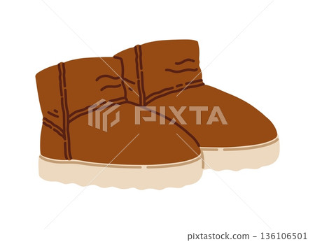 Winter wardrobe brown mini boots, outdoor apparel item. Autumn or spring garment isolated element, winter wardrobe brown mini boots cartoon vector item. Cold weather clothes accessory or sticker Winter wardrobe brown mini boots, outdoor apparel item. Autumn or spring garment isolated element, winter wardrobe brown mini boots cartoon vector item. Cold weather clothes accessory or sticker 136106501