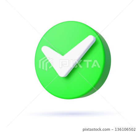 3d check list icon, checklist tick, done mark. Green circle with a white tick. Isolated vector plastic or plasticine checkmark, symbol of selection, confirmation or approval. Yes button for web app 136106502