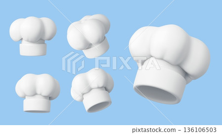 3d chef and baker white toque hats, kitchen cooker cap uniform. Vector set of cook caps, white chef hats and baker toques for kitchen staff, restaurant, cafe catering and culinary uniform headwear 3d chef and baker white toque hats, kitchen cooker cap uniform. Vector set of cook caps, white chef hats and baker toques for kitchen staff, restaurant, cafe catering and culinary uniform headwear 136106503