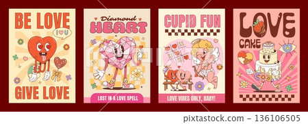 Love groovy hippie Valentine characters posters with funky heart and cupid angel, cartoon vector. Valentine day Y2K groovy funny heart in love, wedding cake with happy face and diamond heart character 136106505