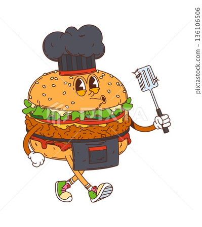 Cartoon groovy hippie burger character in chef hat and apron, vector fast food. Funny cheeseburger with silly face whistling and holding barbecue spatula for cartoon groovy BBQ burger character 136106506