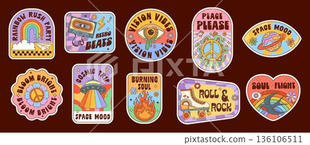 Hippie groovy label stickers, retro patches of vintage psychedelic rainbow, melting eye, UFO and peace symbol. Vector groovy fire, hippie daisy and planet, retro cassette and roller skates stickers Hippie groovy label stickers, retro patches of vintage psychedelic rainbow, melting eye, UFO and peace symbol. Vector groovy fire, hippie daisy and planet, retro cassette and roller skates stickers 136106511