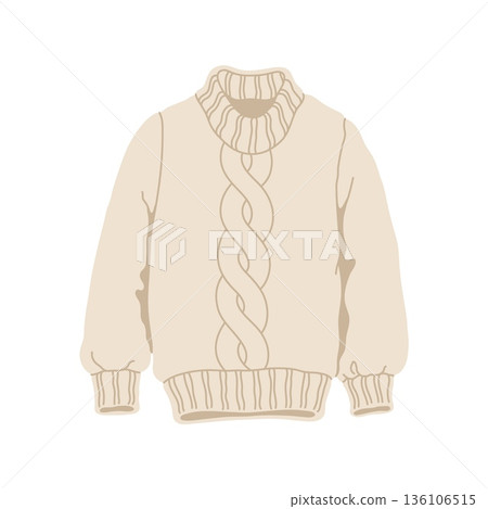 Winter wardrobe knitted beige sweater, outdoor apparel element. Cold weather knitted beige sweater isolated sticker, winter wardrobe clothes vector element. Warm garment cartoon item or accessory Winter wardrobe knitted beige sweater, outdoor apparel element. Cold weather knitted beige sweater isolated sticker, winter wardrobe clothes vector element. Warm garment cartoon item or accessory 136106515