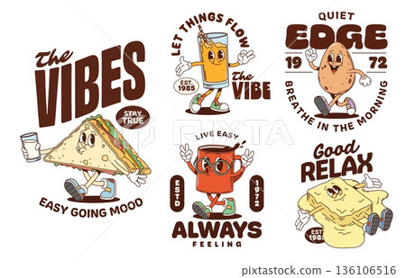 Morning breakfast groovy characters stickers and funky t shirt vector prints. Stay true, easy going mood, let things flow. Quiet edge, breathe in the morning, live easy, always feeling and good relax Morning breakfast groovy characters stickers and funky t shirt vector prints. Stay true, easy going mood, let things flow. Quiet edge, breathe in the morning, live easy, always feeling and good relax 136106516