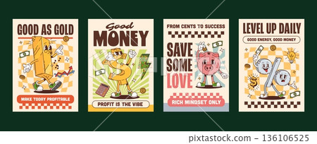 Funky finance and business groovy hippie characters posters with vector slogans. Good as gold, make today profitable or good money and profit is the vibe. From cents to success and save some love 136106525