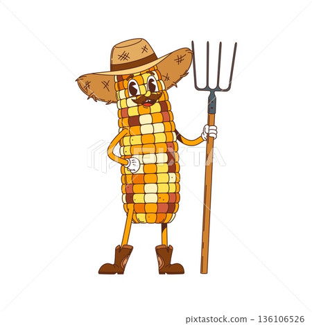 Cartoon groovy cheerful corn cob farmer character with smiling face and mustache. Vector hippie retro y2k funky maize food mascot wearing straw hat holding pitchfork inspired by 60s and 70s nostalgia 136106526
